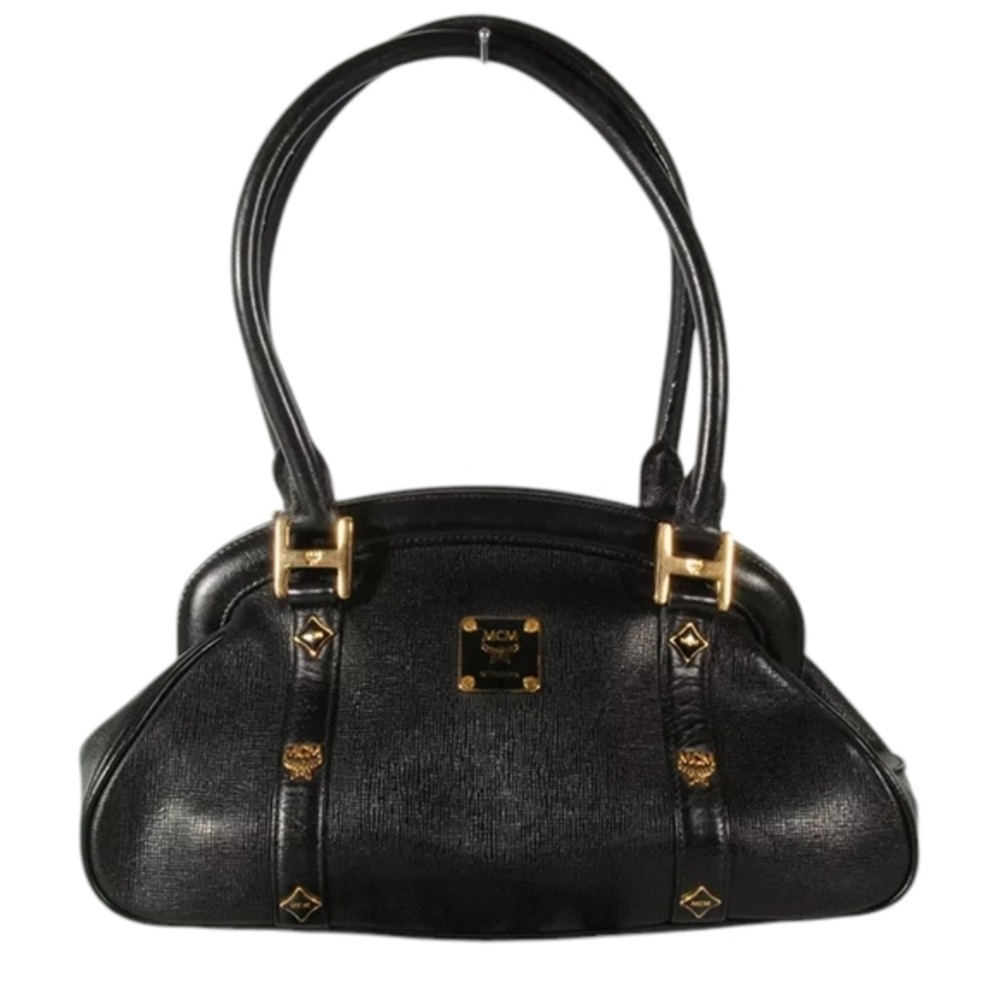 MCM Munchen Black Textured Leather Satchel Gold Hardware Doctor Bag Handbag
